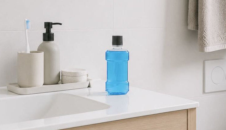 Fluessige Mundspuelung in der Plastikflasche